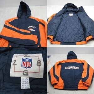 Vintage Denver‎ Broncos Jacket Mens XL NFL Orange Zip Hood Puff Diamond Quilted